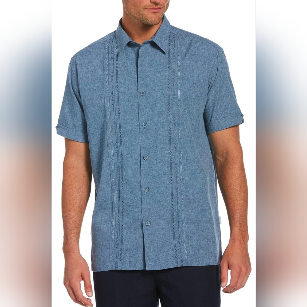 NWT Cubavera Men's Chambray Pintuck Short Sleeve Button-Down Shirt SZ M $60